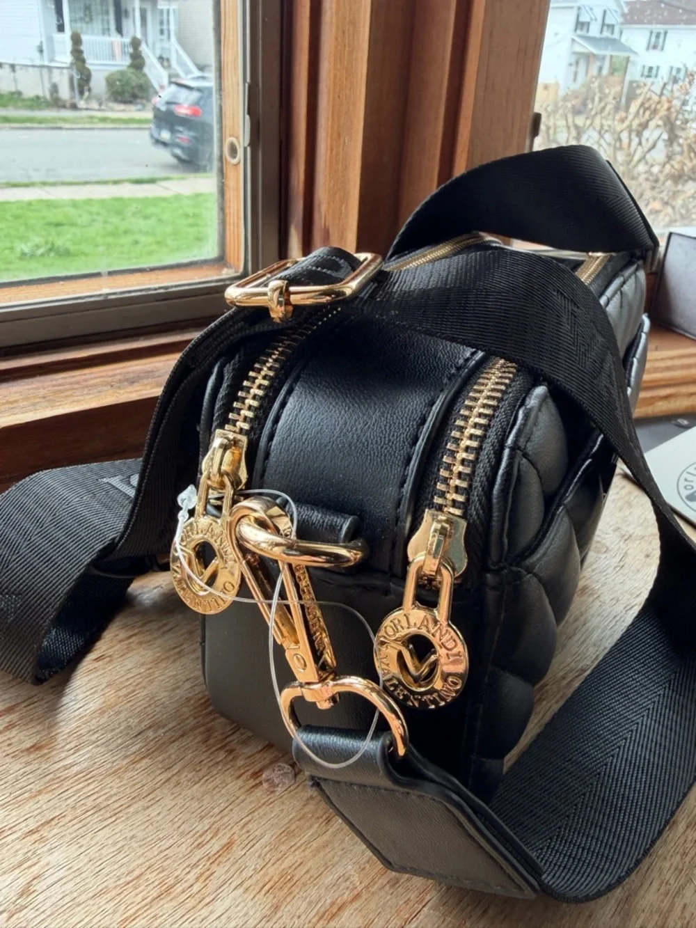 Valentino Orlandi Black Quilted Crossbody with Gold V Emblem